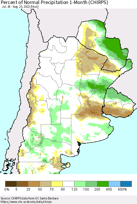 Southern South America Percent of Normal Precipitation 1-Month (CHIRPS) Thematic Map For 7/26/2022 - 8/25/2022
