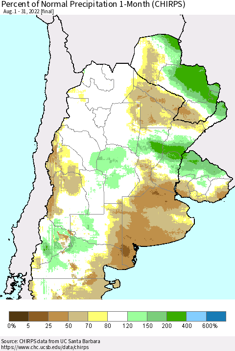 Southern South America Percent of Normal Precipitation 1-Month (CHIRPS) Thematic Map For 8/1/2022 - 8/31/2022