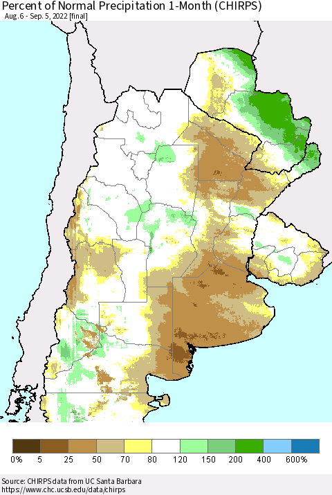 Southern South America Percent of Normal Precipitation 1-Month (CHIRPS) Thematic Map For 8/6/2022 - 9/5/2022