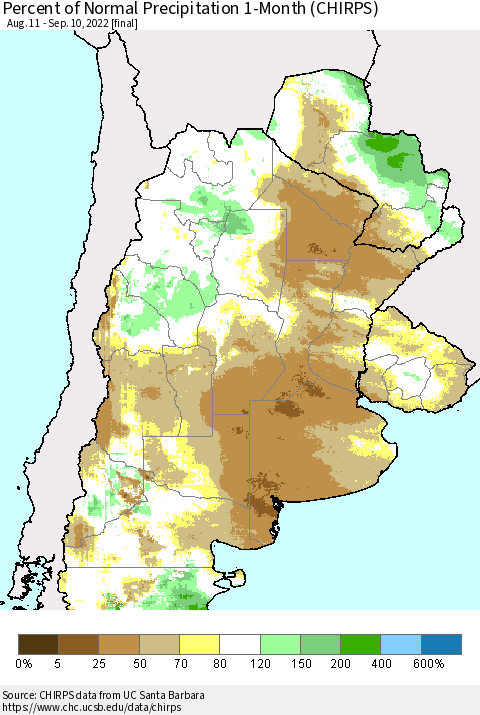 Southern South America Percent of Normal Precipitation 1-Month (CHIRPS) Thematic Map For 8/11/2022 - 9/10/2022