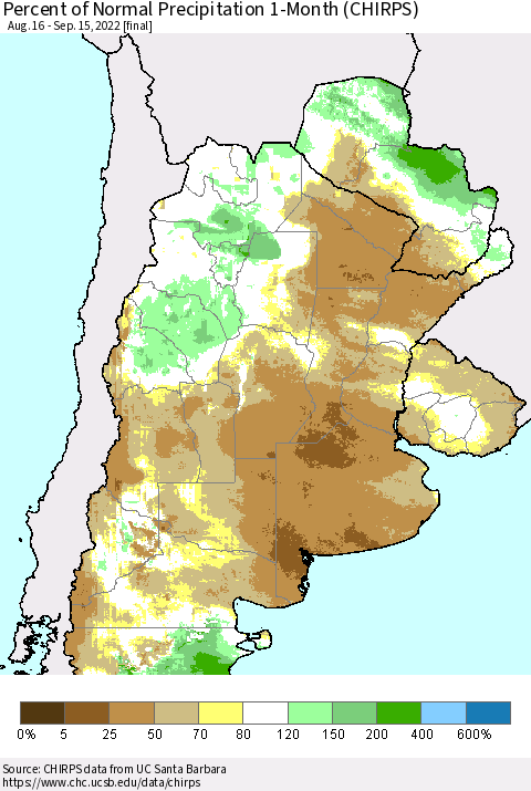 Southern South America Percent of Normal Precipitation 1-Month (CHIRPS) Thematic Map For 8/16/2022 - 9/15/2022