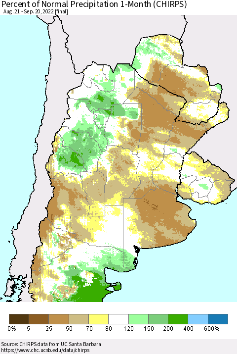 Southern South America Percent of Normal Precipitation 1-Month (CHIRPS) Thematic Map For 8/21/2022 - 9/20/2022