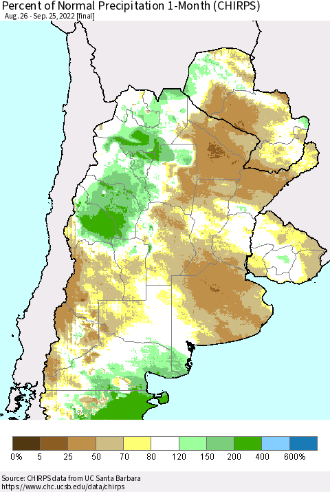 Southern South America Percent of Normal Precipitation 1-Month (CHIRPS) Thematic Map For 8/26/2022 - 9/25/2022
