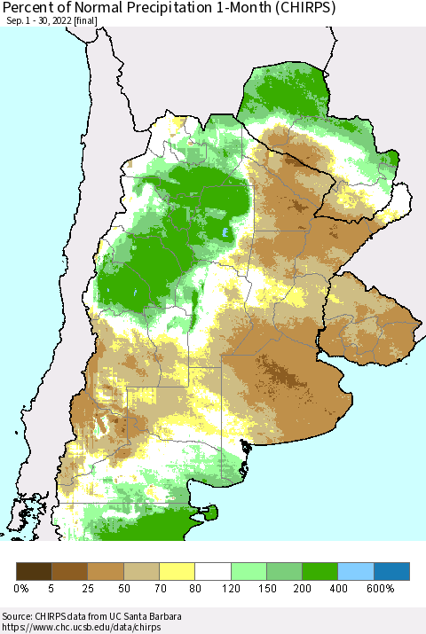 Southern South America Percent of Normal Precipitation 1-Month (CHIRPS) Thematic Map For 9/1/2022 - 9/30/2022