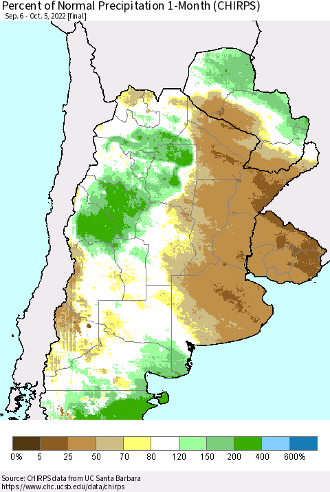 Southern South America Percent of Normal Precipitation 1-Month (CHIRPS) Thematic Map For 9/6/2022 - 10/5/2022