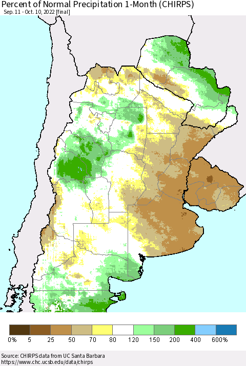 Southern South America Percent of Normal Precipitation 1-Month (CHIRPS) Thematic Map For 9/11/2022 - 10/10/2022