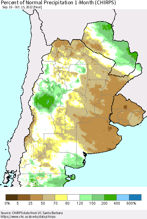 Southern South America Percent of Normal Precipitation 1-Month (CHIRPS) Thematic Map For 9/16/2022 - 10/15/2022