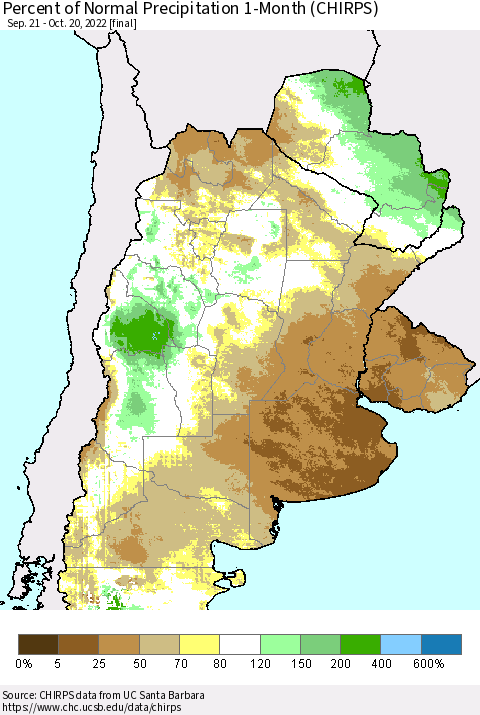 Southern South America Percent of Normal Precipitation 1-Month (CHIRPS) Thematic Map For 9/21/2022 - 10/20/2022