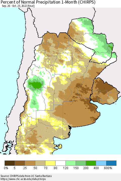 Southern South America Percent of Normal Precipitation 1-Month (CHIRPS) Thematic Map For 9/26/2022 - 10/25/2022