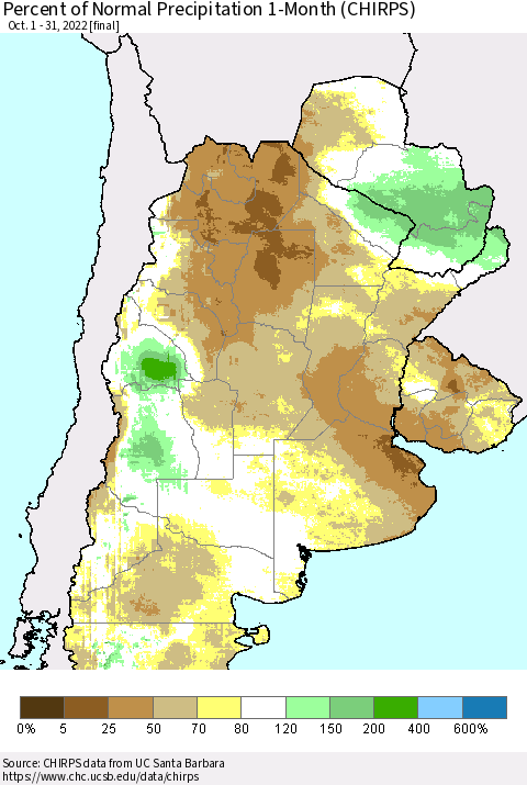 Southern South America Percent of Normal Precipitation 1-Month (CHIRPS) Thematic Map For 10/1/2022 - 10/31/2022