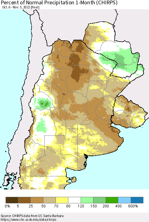 Southern South America Percent of Normal Precipitation 1-Month (CHIRPS) Thematic Map For 10/6/2022 - 11/5/2022