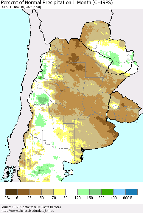 Southern South America Percent of Normal Precipitation 1-Month (CHIRPS) Thematic Map For 10/11/2022 - 11/10/2022