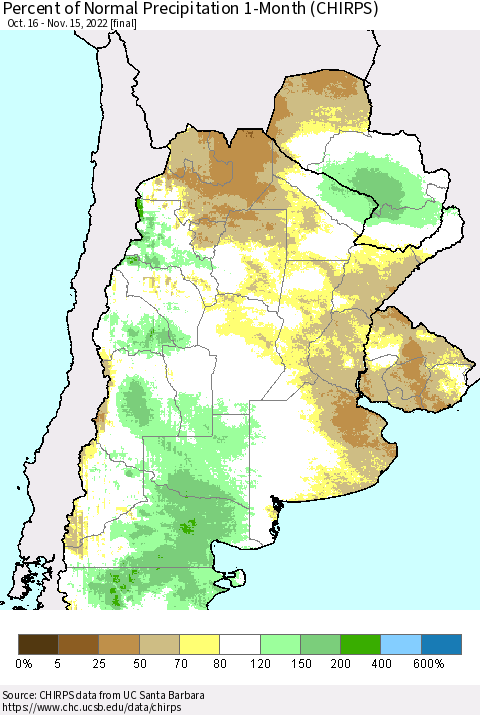 Southern South America Percent of Normal Precipitation 1-Month (CHIRPS) Thematic Map For 10/16/2022 - 11/15/2022