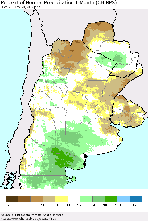 Southern South America Percent of Normal Precipitation 1-Month (CHIRPS) Thematic Map For 10/21/2022 - 11/20/2022
