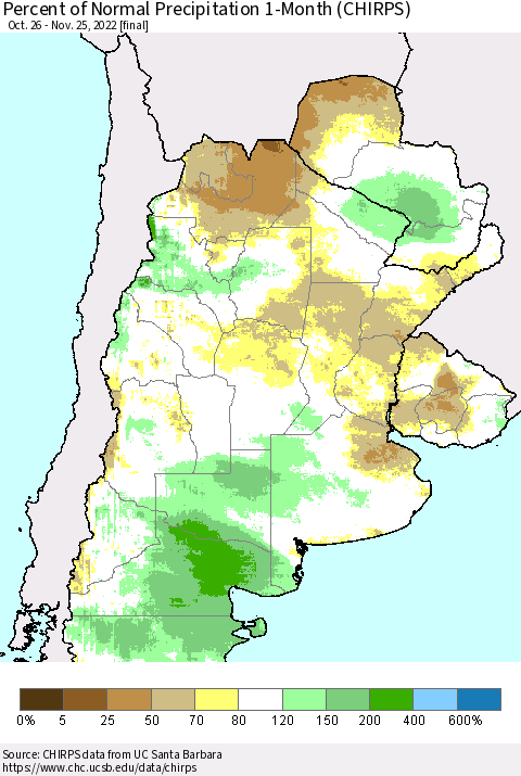 Southern South America Percent of Normal Precipitation 1-Month (CHIRPS) Thematic Map For 10/26/2022 - 11/25/2022