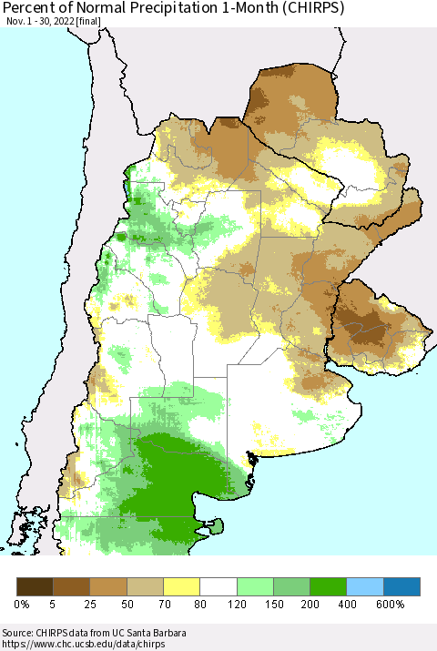 Southern South America Percent of Normal Precipitation 1-Month (CHIRPS) Thematic Map For 11/1/2022 - 11/30/2022