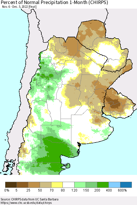 Southern South America Percent of Normal Precipitation 1-Month (CHIRPS) Thematic Map For 11/6/2022 - 12/5/2022