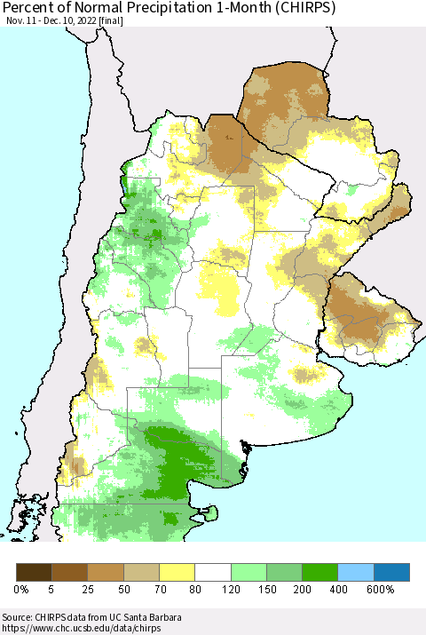 Southern South America Percent of Normal Precipitation 1-Month (CHIRPS) Thematic Map For 11/11/2022 - 12/10/2022