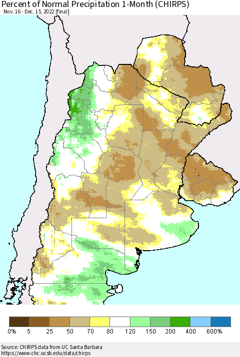 Southern South America Percent of Normal Precipitation 1-Month (CHIRPS) Thematic Map For 11/16/2022 - 12/15/2022