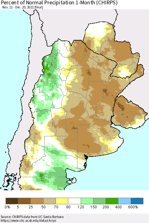Southern South America Percent of Normal Precipitation 1-Month (CHIRPS) Thematic Map For 11/21/2022 - 12/20/2022