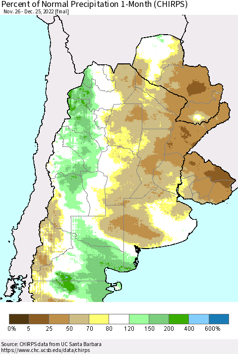 Southern South America Percent of Normal Precipitation 1-Month (CHIRPS) Thematic Map For 11/26/2022 - 12/25/2022
