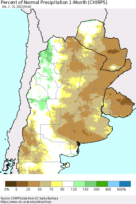 Southern South America Percent of Normal Precipitation 1-Month (CHIRPS) Thematic Map For 12/1/2022 - 12/31/2022