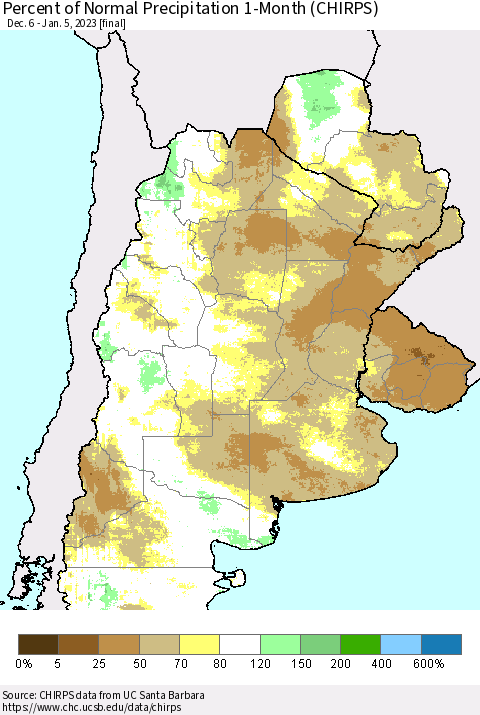 Southern South America Percent of Normal Precipitation 1-Month (CHIRPS) Thematic Map For 12/6/2022 - 1/5/2023