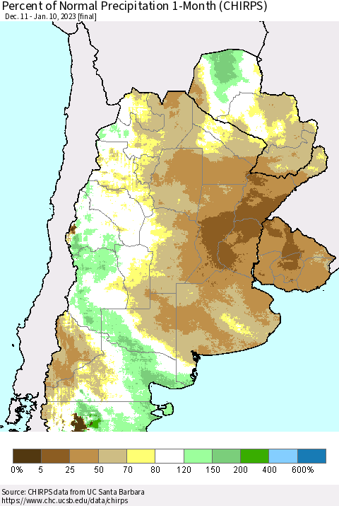 Southern South America Percent of Normal Precipitation 1-Month (CHIRPS) Thematic Map For 12/11/2022 - 1/10/2023