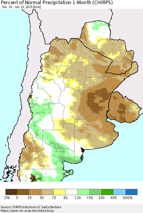 Southern South America Percent of Normal Precipitation 1-Month (CHIRPS) Thematic Map For 12/16/2022 - 1/15/2023