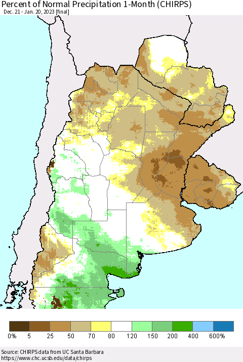 Southern South America Percent of Normal Precipitation 1-Month (CHIRPS) Thematic Map For 12/21/2022 - 1/20/2023