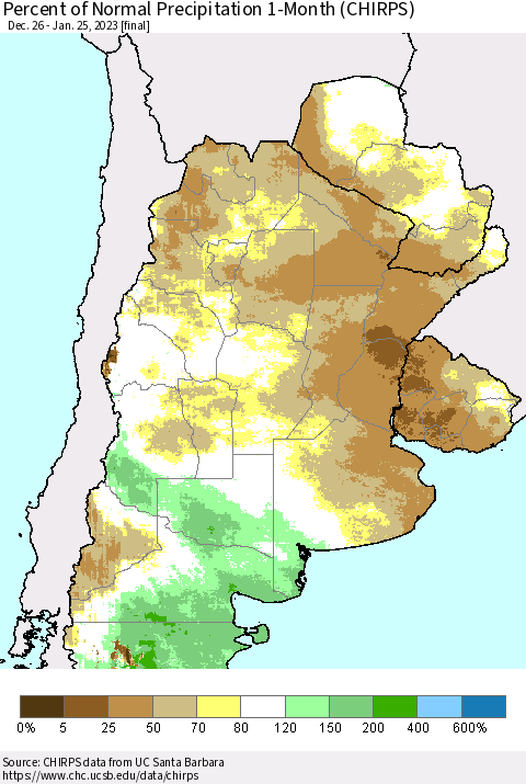 Southern South America Percent of Normal Precipitation 1-Month (CHIRPS) Thematic Map For 12/26/2022 - 1/25/2023