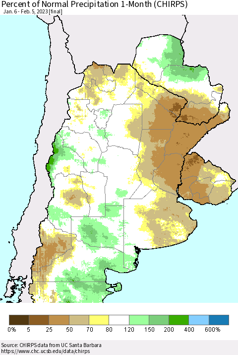 Southern South America Percent of Normal Precipitation 1-Month (CHIRPS) Thematic Map For 1/6/2023 - 2/5/2023