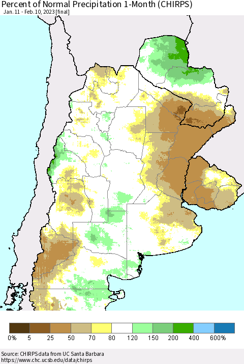 Southern South America Percent of Normal Precipitation 1-Month (CHIRPS) Thematic Map For 1/11/2023 - 2/10/2023