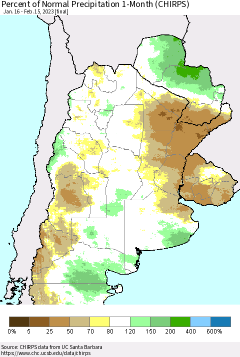 Southern South America Percent of Normal Precipitation 1-Month (CHIRPS) Thematic Map For 1/16/2023 - 2/15/2023