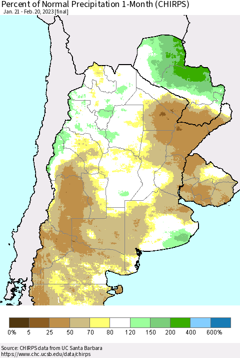Southern South America Percent of Normal Precipitation 1-Month (CHIRPS) Thematic Map For 1/21/2023 - 2/20/2023