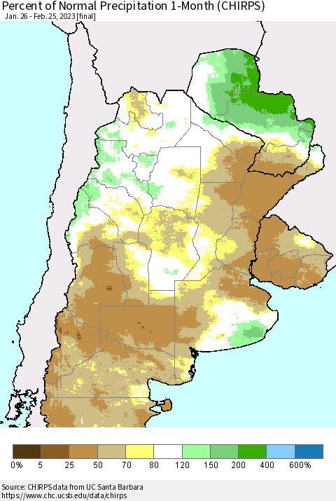 Southern South America Percent of Normal Precipitation 1-Month (CHIRPS) Thematic Map For 1/26/2023 - 2/25/2023