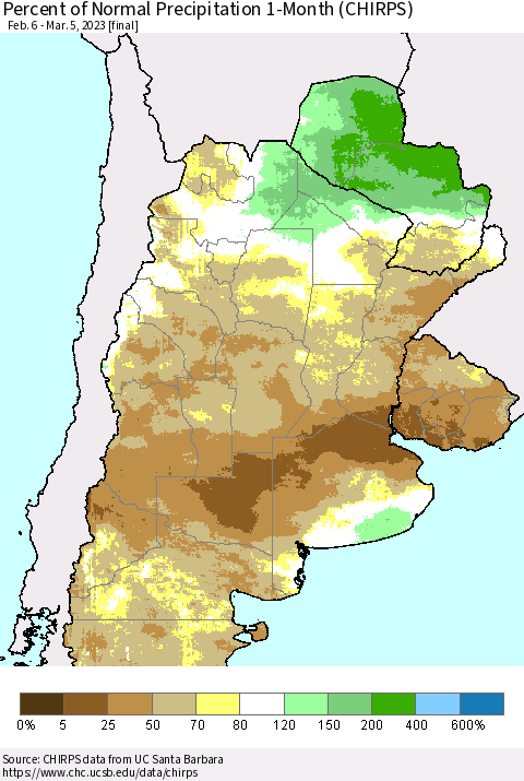 Southern South America Percent of Normal Precipitation 1-Month (CHIRPS) Thematic Map For 2/6/2023 - 3/5/2023