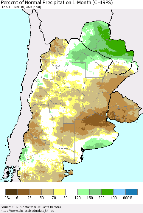Southern South America Percent of Normal Precipitation 1-Month (CHIRPS) Thematic Map For 2/11/2023 - 3/10/2023
