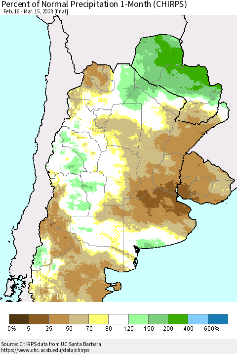 Southern South America Percent of Normal Precipitation 1-Month (CHIRPS) Thematic Map For 2/16/2023 - 3/15/2023
