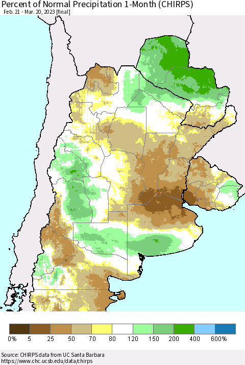 Southern South America Percent of Normal Precipitation 1-Month (CHIRPS) Thematic Map For 2/21/2023 - 3/20/2023