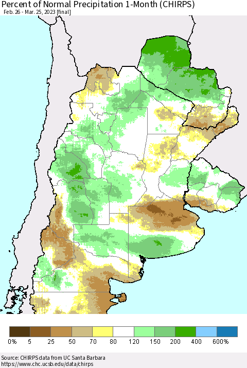 Southern South America Percent of Normal Precipitation 1-Month (CHIRPS) Thematic Map For 2/26/2023 - 3/25/2023