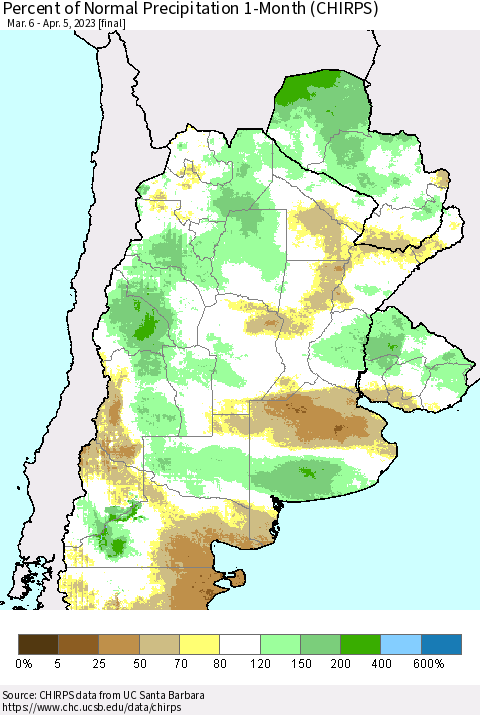 Southern South America Percent of Normal Precipitation 1-Month (CHIRPS) Thematic Map For 3/6/2023 - 4/5/2023