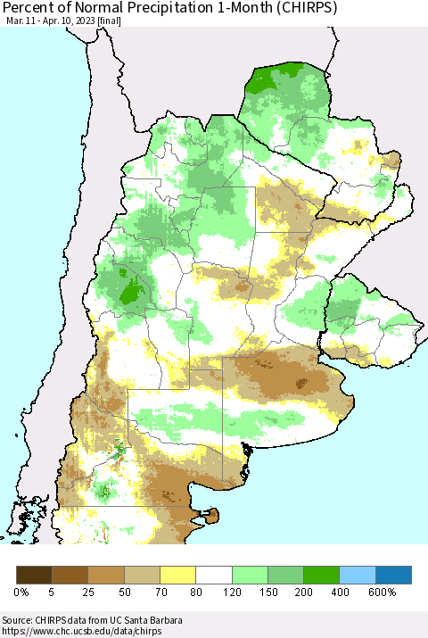Southern South America Percent of Normal Precipitation 1-Month (CHIRPS) Thematic Map For 3/11/2023 - 4/10/2023