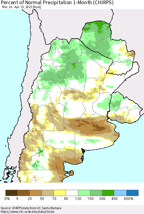 Southern South America Percent of Normal Precipitation 1-Month (CHIRPS) Thematic Map For 3/16/2023 - 4/15/2023