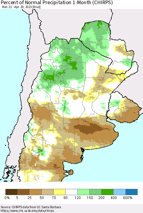 Southern South America Percent of Normal Precipitation 1-Month (CHIRPS) Thematic Map For 3/21/2023 - 4/20/2023