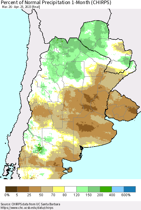 Southern South America Percent of Normal Precipitation 1-Month (CHIRPS) Thematic Map For 3/26/2023 - 4/25/2023