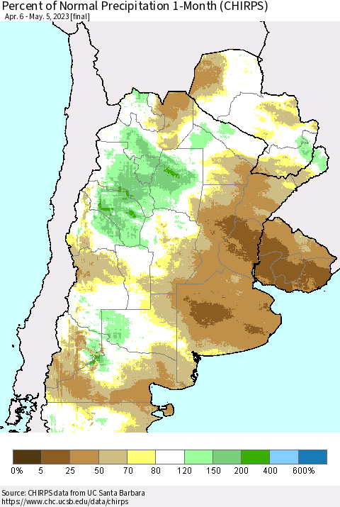 Southern South America Percent of Normal Precipitation 1-Month (CHIRPS) Thematic Map For 4/6/2023 - 5/5/2023