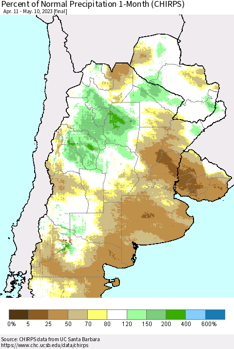 Southern South America Percent of Normal Precipitation 1-Month (CHIRPS) Thematic Map For 4/11/2023 - 5/10/2023