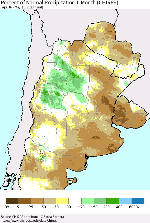 Southern South America Percent of Normal Precipitation 1-Month (CHIRPS) Thematic Map For 4/16/2023 - 5/15/2023