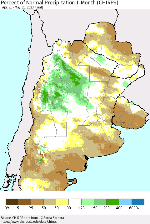 Southern South America Percent of Normal Precipitation 1-Month (CHIRPS) Thematic Map For 4/21/2023 - 5/20/2023